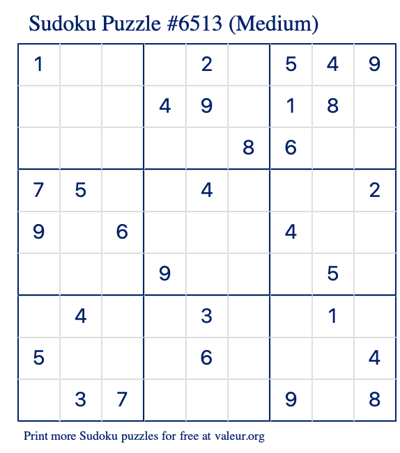 Free Printable Medium Sudoku Puzzle number 6513