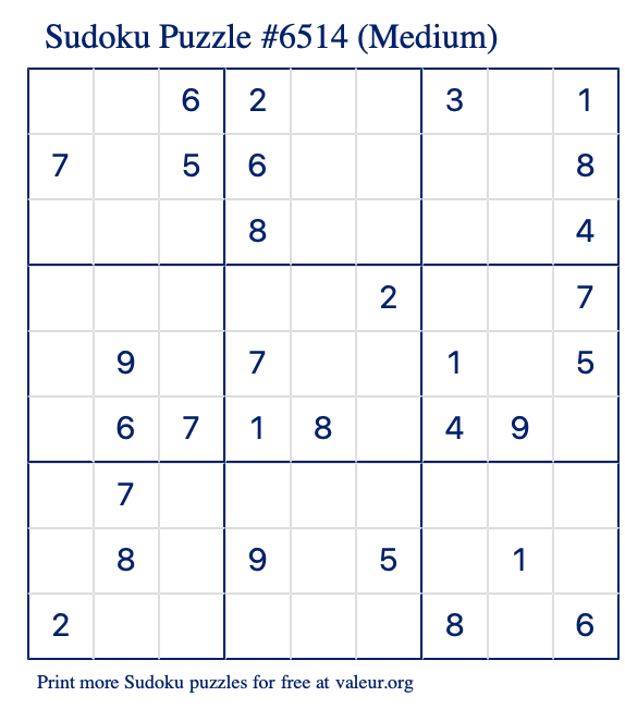 Free Printable Medium Sudoku Puzzle number 6514