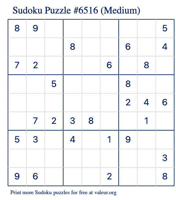Free Printable Medium Sudoku Puzzle number 6516