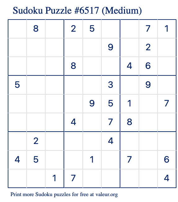 Free Printable Medium Sudoku Puzzle number 6517