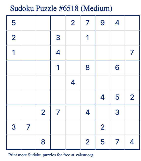 Free Printable Medium Sudoku Puzzle number 6518
