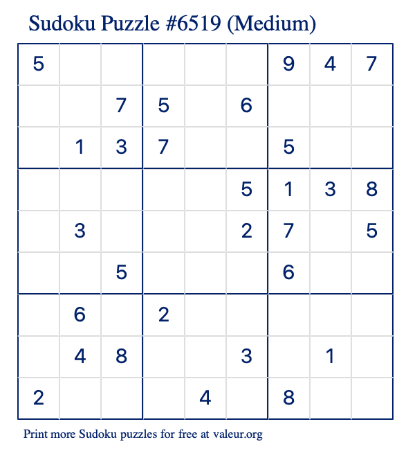 Free Printable Medium Sudoku Puzzle number 6519