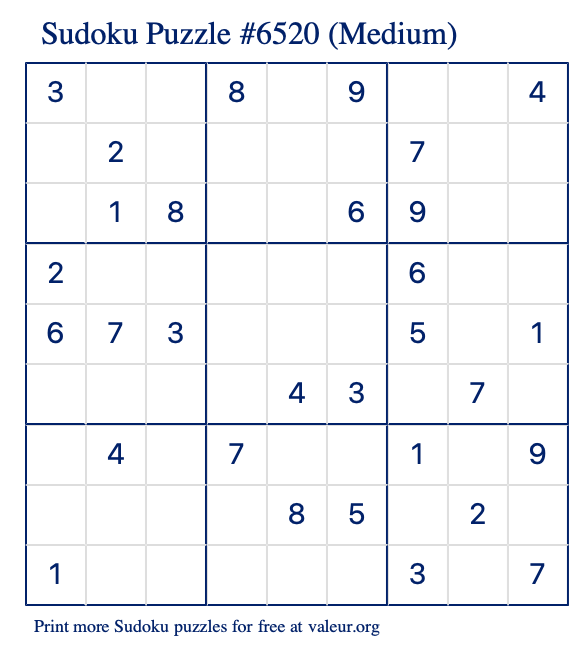 Free Printable Medium Sudoku Puzzle number 6520