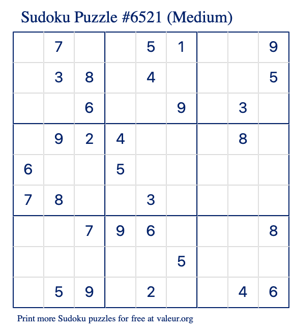 Free Printable Medium Sudoku Puzzle number 6521
