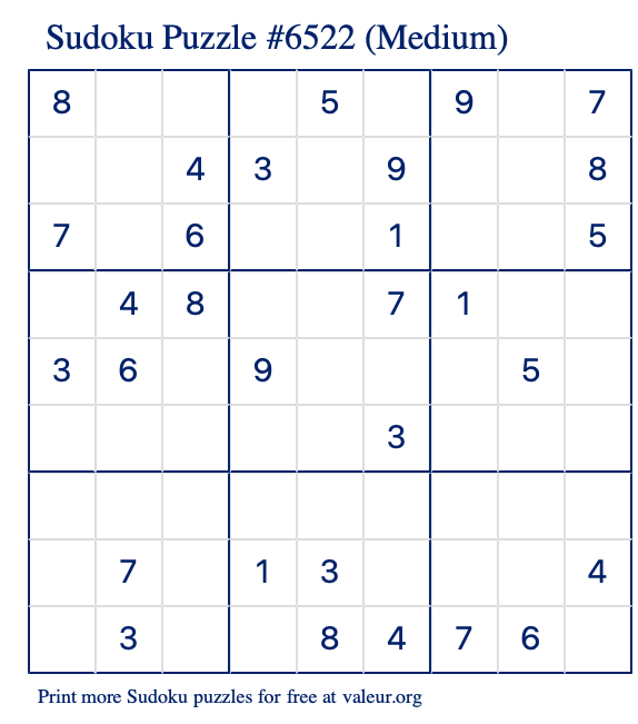 Free Printable Medium Sudoku Puzzle number 6522