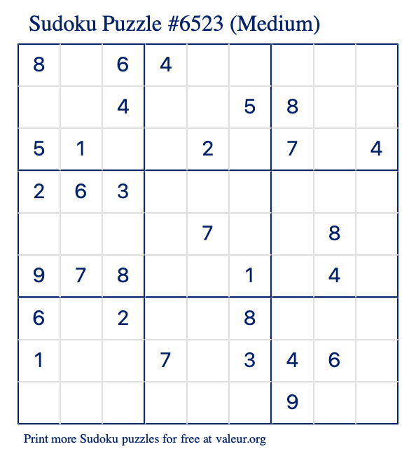 Free Printable Medium Sudoku Puzzle number 6523