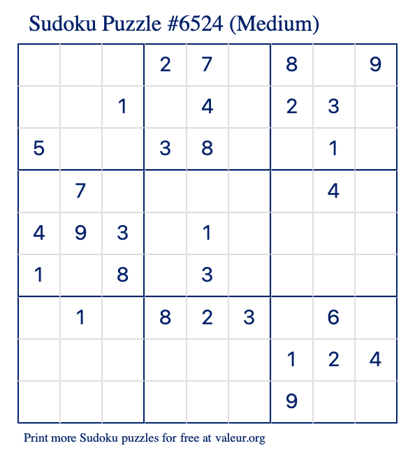 Free Printable Medium Sudoku Puzzle number 6524