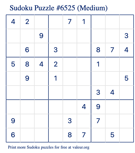 Free Printable Medium Sudoku Puzzle number 6525