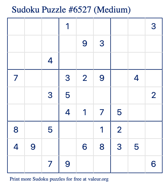 Free Printable Medium Sudoku Puzzle number 6527