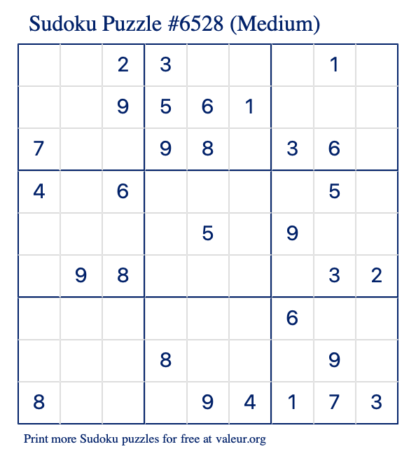 Free Printable Medium Sudoku Puzzle number 6528