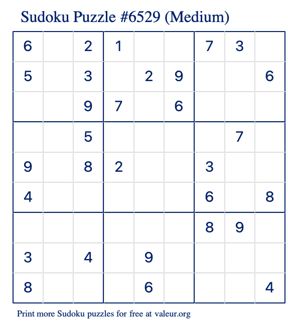 Free Printable Medium Sudoku Puzzle number 6529