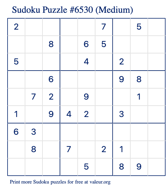 Free Printable Medium Sudoku Puzzle number 6530