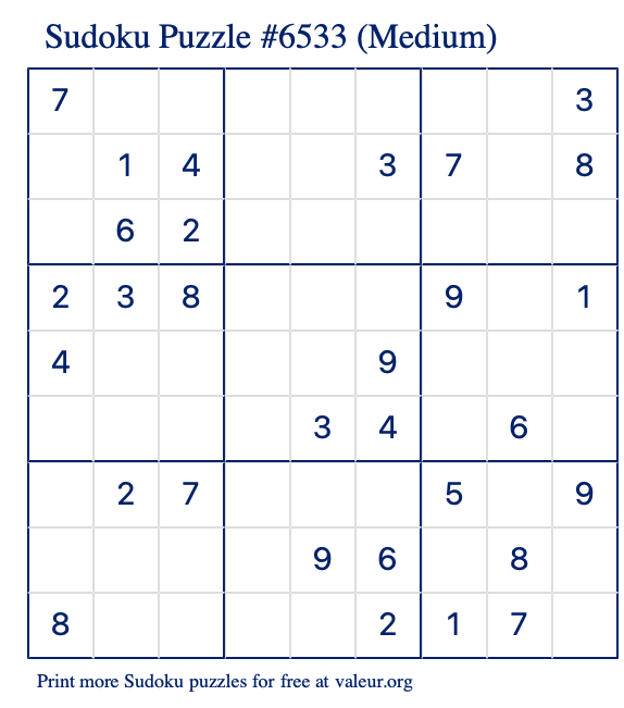 Free Printable Medium Sudoku Puzzle number 6533