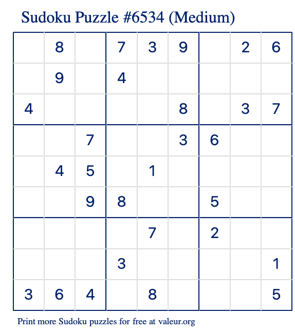 Free Printable Medium Sudoku Puzzle number 6534