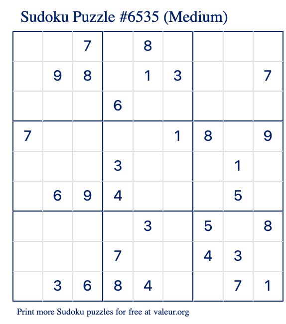 Free Printable Medium Sudoku Puzzle number 6535
