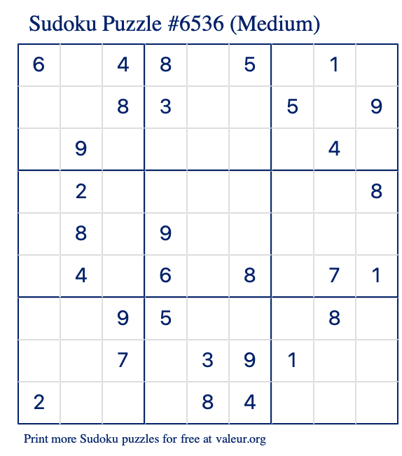 Free Printable Medium Sudoku Puzzle number 6536