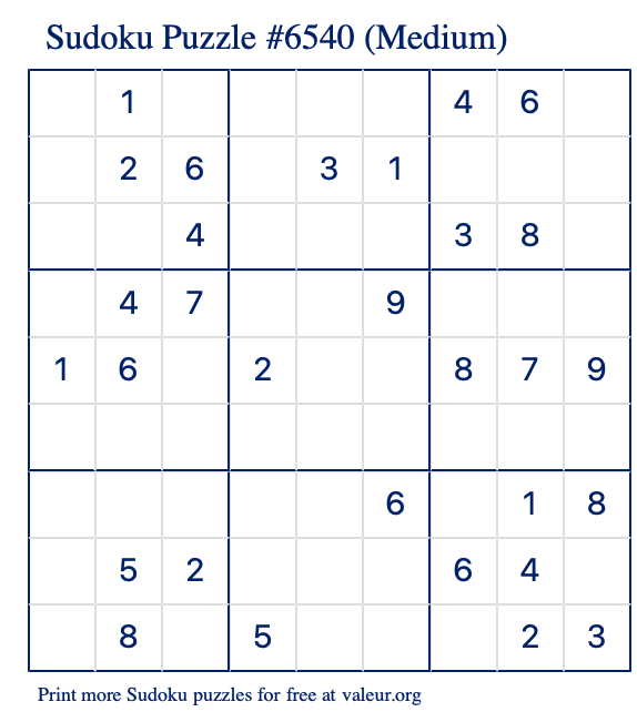 Free Printable Medium Sudoku Puzzle number 6540