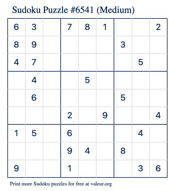 Free Printable Medium Sudoku Puzzle number 6541