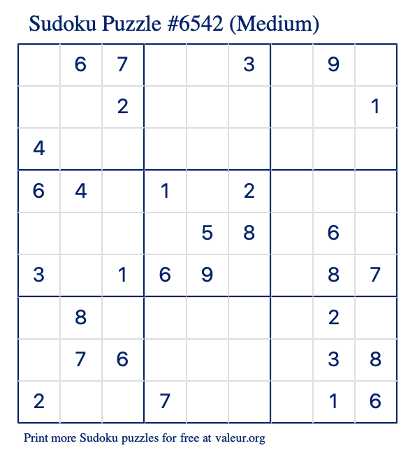 Free Printable Medium Sudoku Puzzle number 6542