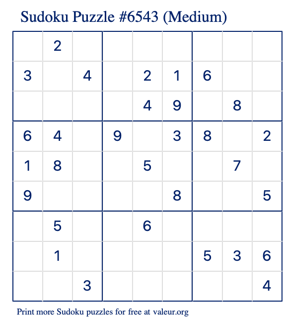 Free Printable Medium Sudoku Puzzle number 6543