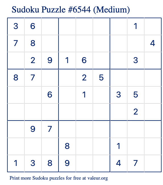 Free Printable Medium Sudoku Puzzle number 6544