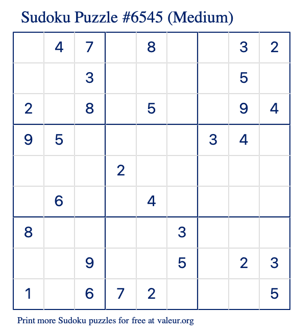 Free Printable Medium Sudoku Puzzle number 6545