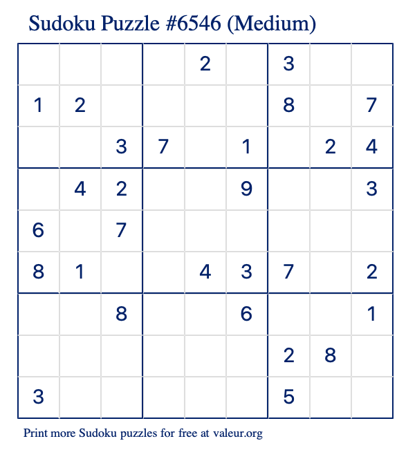 Free Printable Medium Sudoku Puzzle number 6546