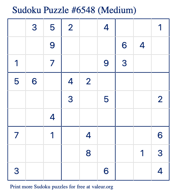 Free Printable Medium Sudoku Puzzle number 6548