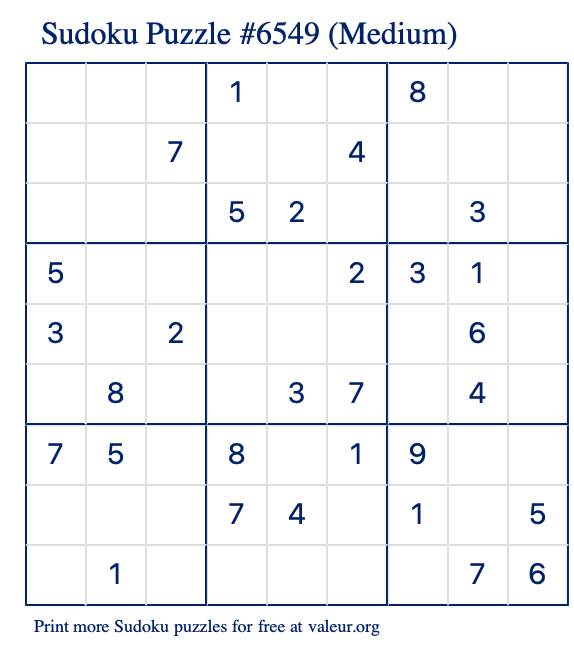 Free Printable Medium Sudoku Puzzle number 6549