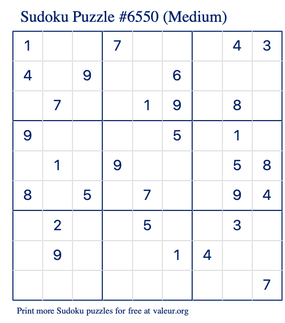 Free Printable Medium Sudoku Puzzle number 6550