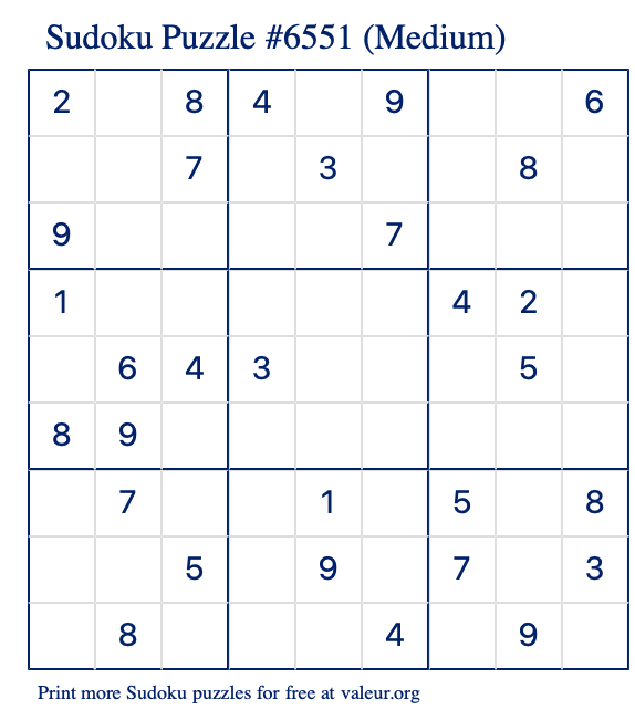 Free Printable Medium Sudoku Puzzle number 6551