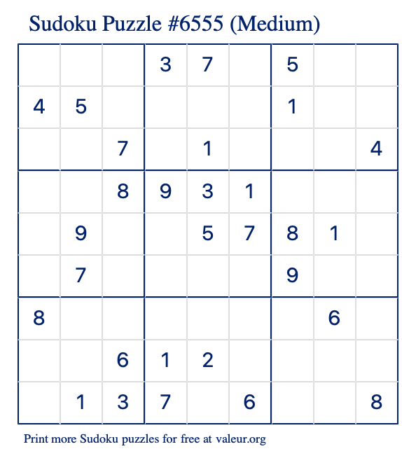 Free Printable Medium Sudoku Puzzle number 6555
