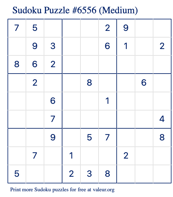 Free Printable Medium Sudoku Puzzle number 6556
