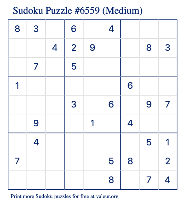 Free Printable Medium Sudoku Puzzle number 6559