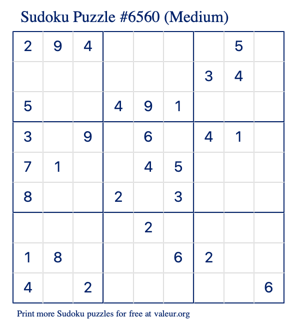Free Printable Medium Sudoku Puzzle number 6560