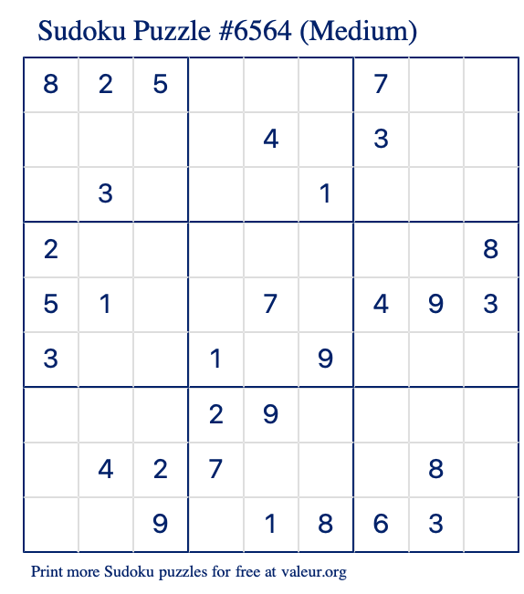 Free Printable Medium Sudoku Puzzle number 6564