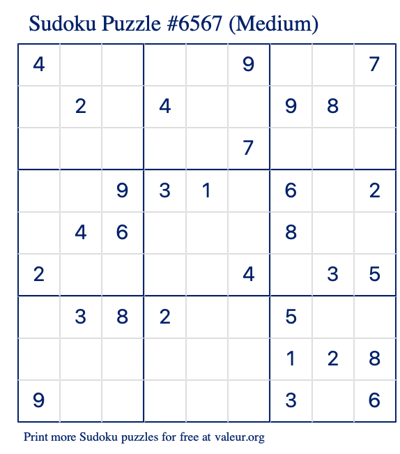 Free Printable Medium Sudoku Puzzle number 6567