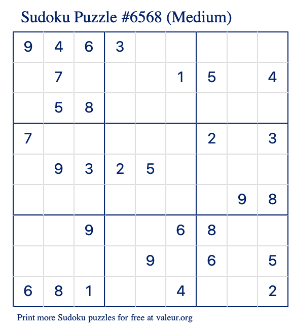 Free Printable Medium Sudoku Puzzle number 6568
