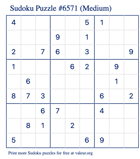 Free Printable Medium Sudoku Puzzle number 6571