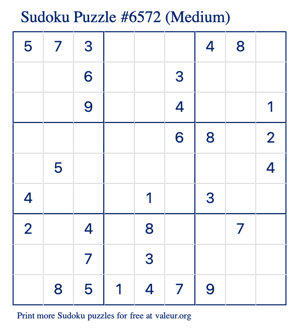 Free Printable Medium Sudoku Puzzle number 6572