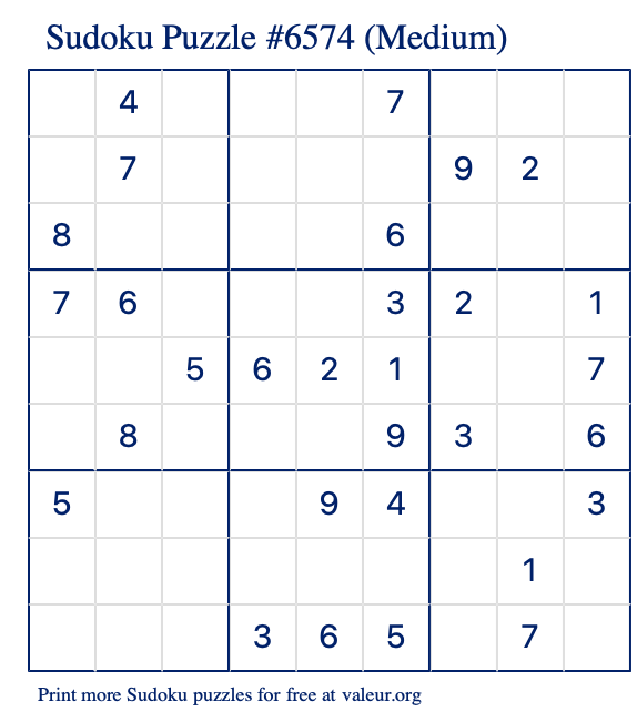 Free Printable Medium Sudoku Puzzle number 6574