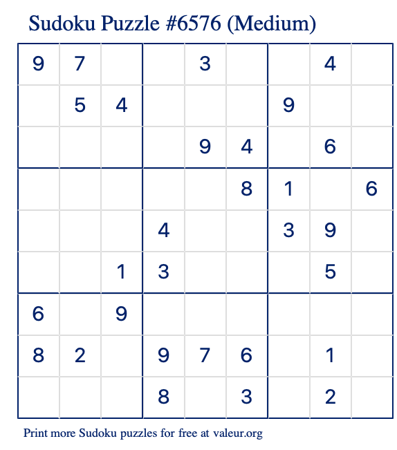 Free Printable Medium Sudoku Puzzle number 6576