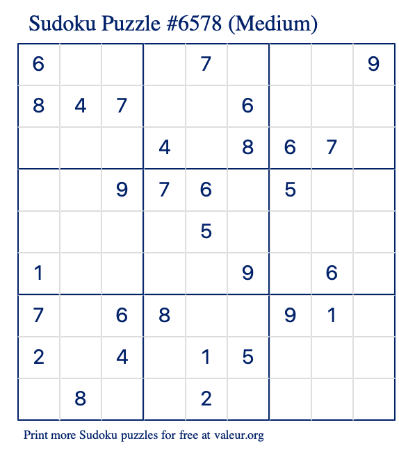 Free Printable Medium Sudoku Puzzle number 6578