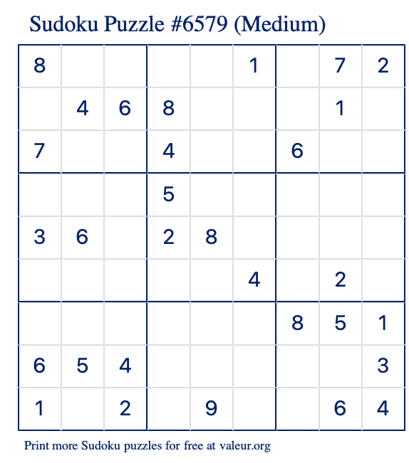 Free Printable Medium Sudoku Puzzle number 6579