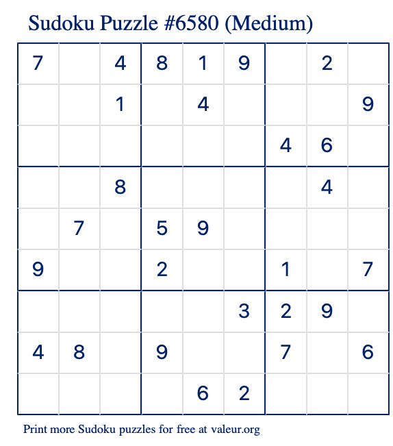 Free Printable Medium Sudoku Puzzle number 6580