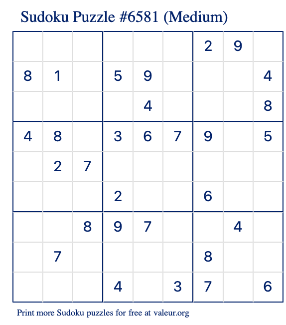 Free Printable Medium Sudoku Puzzle number 6581
