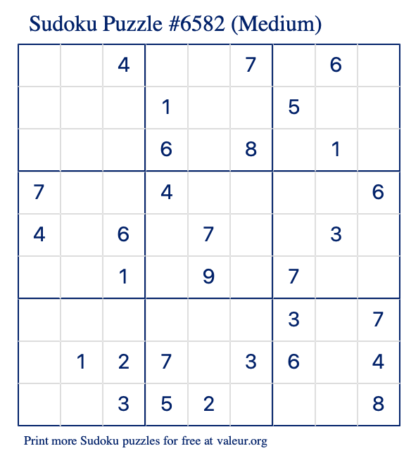 Free Printable Medium Sudoku Puzzle number 6582