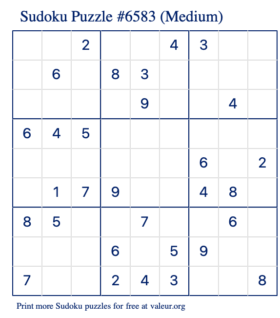 Free Printable Medium Sudoku Puzzle number 6583