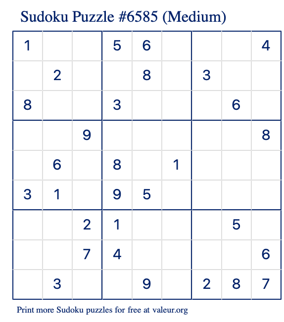 Free Printable Medium Sudoku Puzzle number 6585