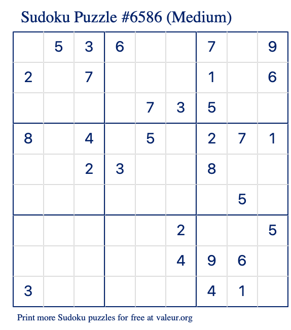 Free Printable Medium Sudoku Puzzle number 6586